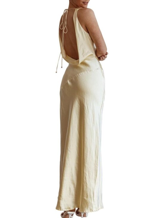 Dresses & Skirts - Women's Yellow Summer Satin Backless Cowl Neck Elegant Polyester Maxi Dress
